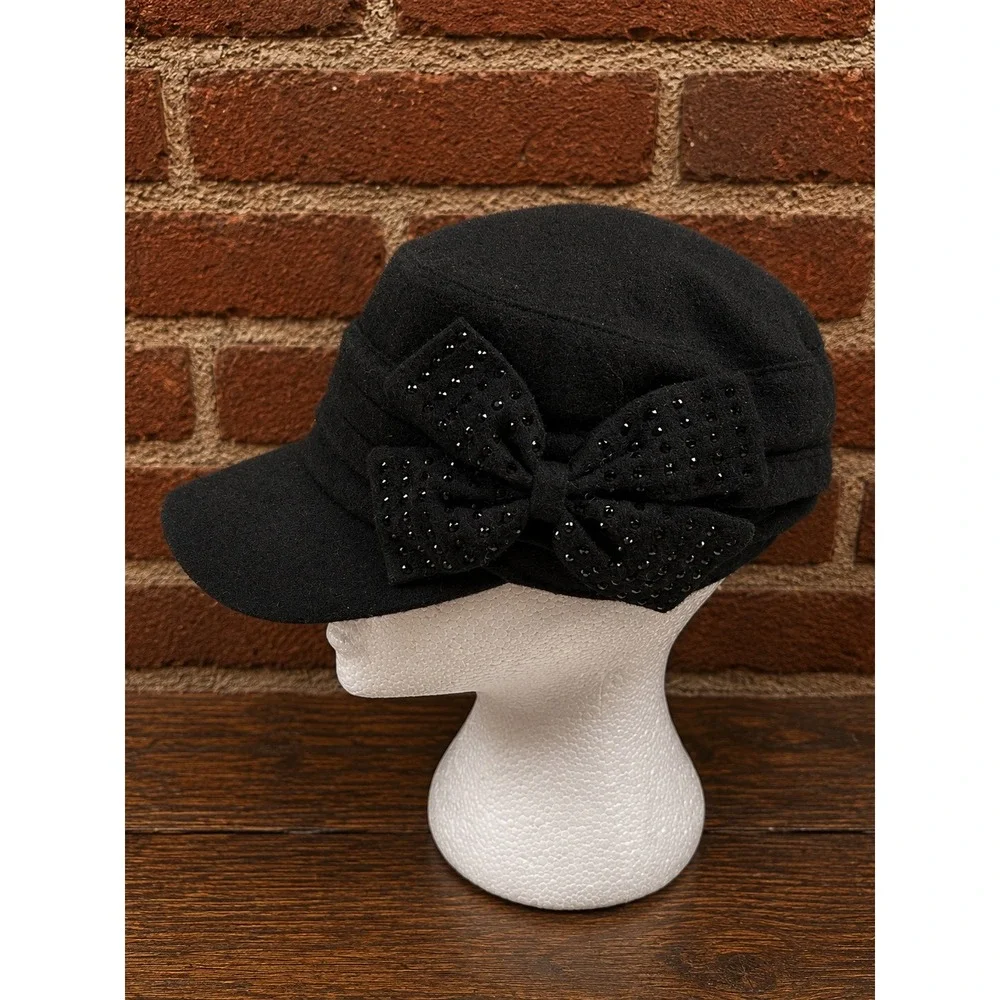Y2K Wool Blend Newsboy Cap Bow Cadet Military 2000s Fall Preppy Chic Hat
